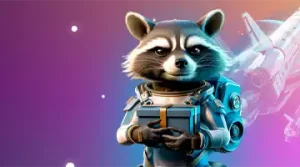 Изображение енота в солнечных очках с скипетром, празднующего с воздушными шарами и золотыми монетами, символизирующее приветственный бонус в Казино Битз.